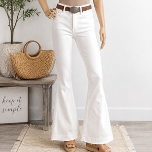 Kancan Womens Flare Jeans White High Rise Retro Bell Bottom 5/26